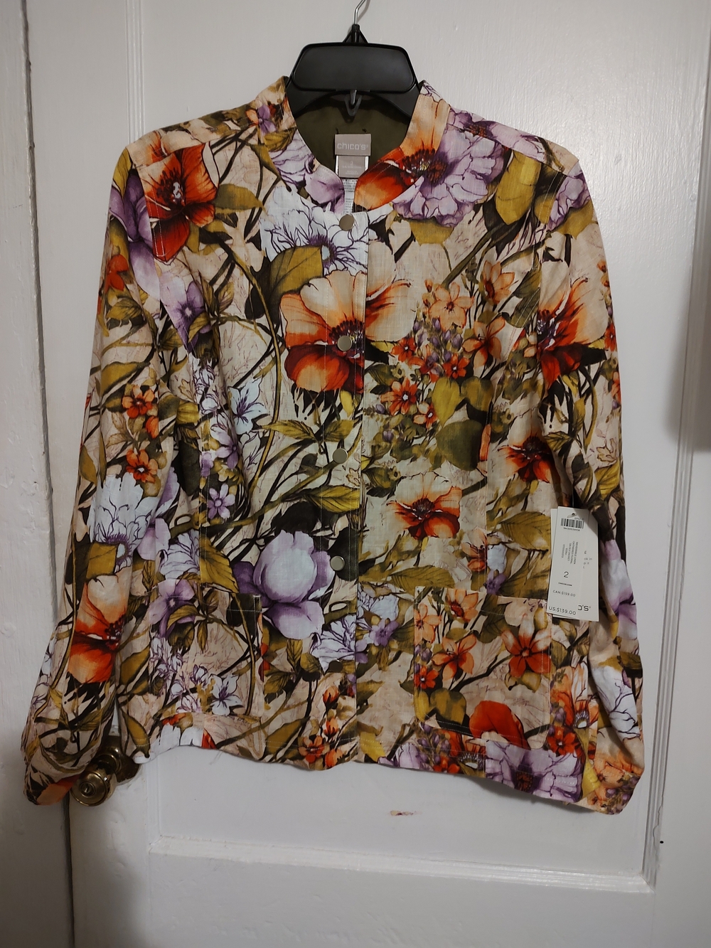 Chico's Floral Button-Down Jacket in Cream, Orange & Purple